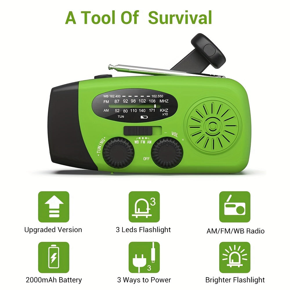 Emergency Hand Crank Radio With 2000mAh Power Bank Phone Charger, AM/FM/NOAA Portable Weather Radio With 3 LED Flashlight, Solar Powered USB Rechargeable Radio For Indoor Outdoor Camping - KHOY