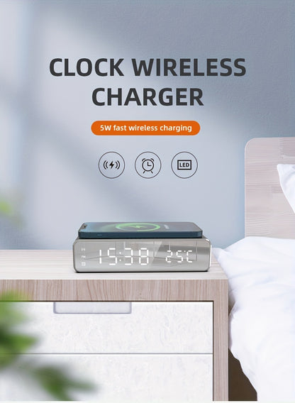 Wireless Charger Time Alarm Clock LED Digital Thermometer Earphone Phone Chargers Fast Charging Dock Station For IPhone 15, 14, 13, 12, Samsung - KHOY