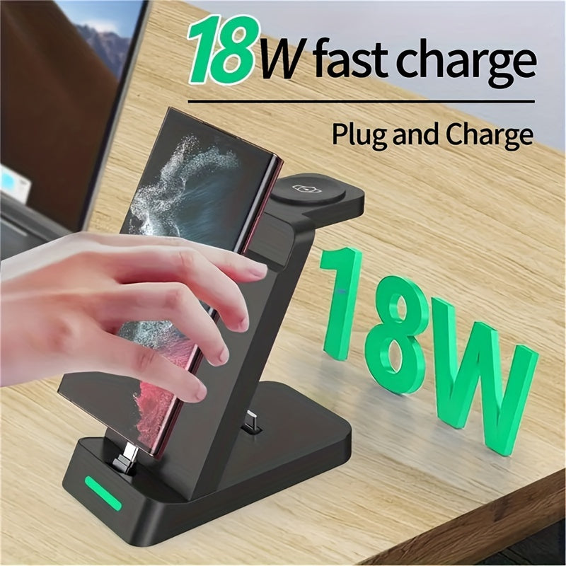3-in-1 Wireless Charging Stand for Samsung S22/S21, Galaxy Watch Fast Charger Dock, 13.49x12.4x6.78 cm, Case-Friendly Station with LED Indicator - KHOY
