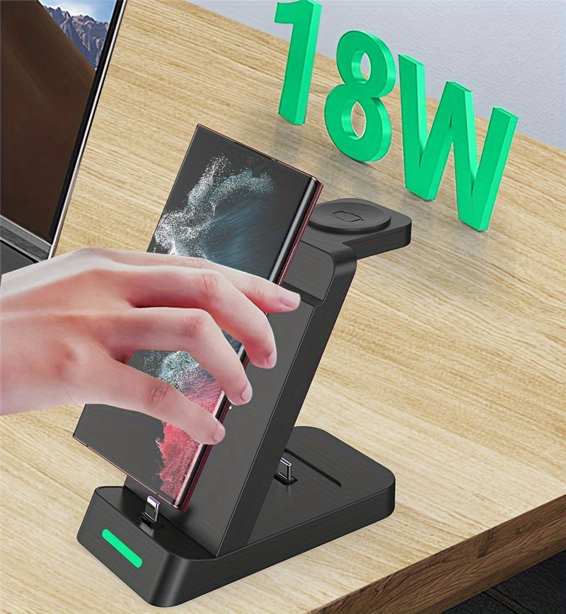 3-in-1 Wireless Charging Stand for Samsung S22/S21, Galaxy Watch Fast Charger Dock, 13.49x12.4x6.78 cm, Case-Friendly Station with LED Indicator - KHOY