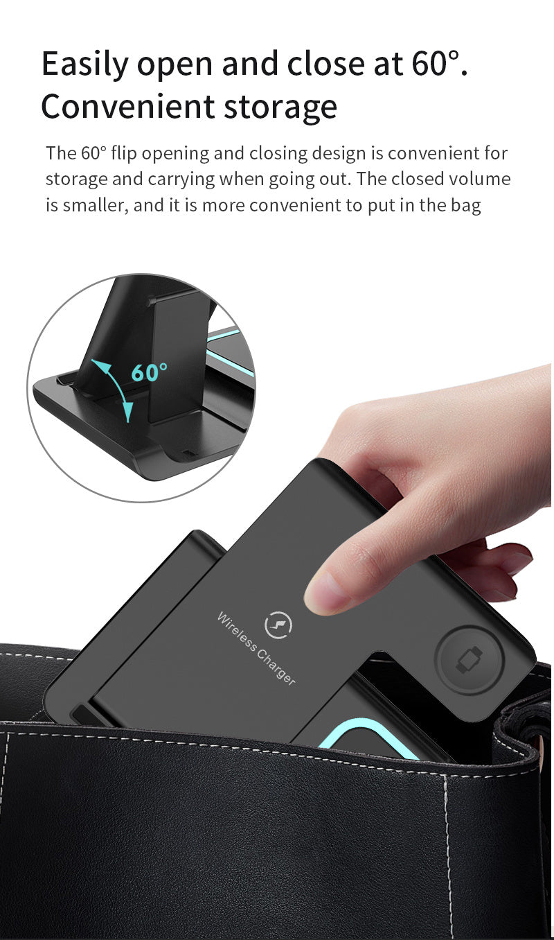 3 In 1 Fast Charging Station, Folding Wireless Charger Stand For IPhone 14, 13, 12, 11/Pro/Max/Mini/Plus, X, XR, XS/Max, SE, 8/Plus, For IWatch 1-8, For Airpods 3/2/Pro - KHOY