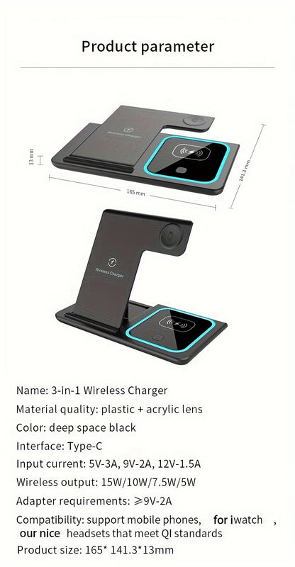 3 In 1 Fast Charging Station, Folding Wireless Charger Stand For IPhone 14, 13, 12, 11/Pro/Max/Mini/Plus, X, XR, XS/Max, SE, 8/Plus, For IWatch 1-8, For Airpods 3/2/Pro - KHOY