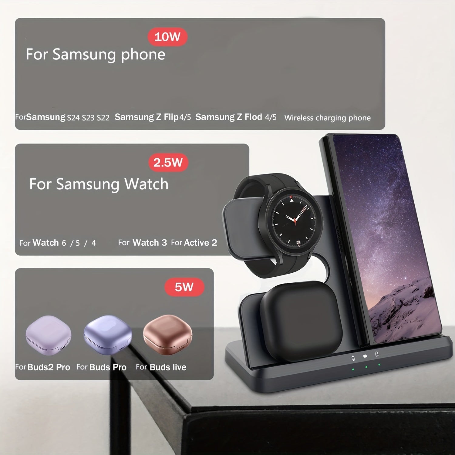 Wireless Charger 3 In 1 Charging Station For Samsung S24 S23 S22 S21 S20 Ultra FE/Note 20 10 9/Z Flip Fold Series, Galaxy Watch6/ 5 Pro/5/4/3/Active 2/1, Buds+/Pro/Live, Wireless Charging Station Wireless Charger Stand For Ph - KHOY