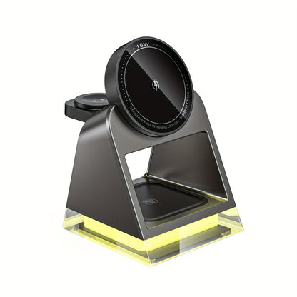 High-quality three-in-one magnetic wireless charger, 15W for mobile phone charging, 5W for smart watch, 5W for wireless headset charging, with LED touch night light - KHOY