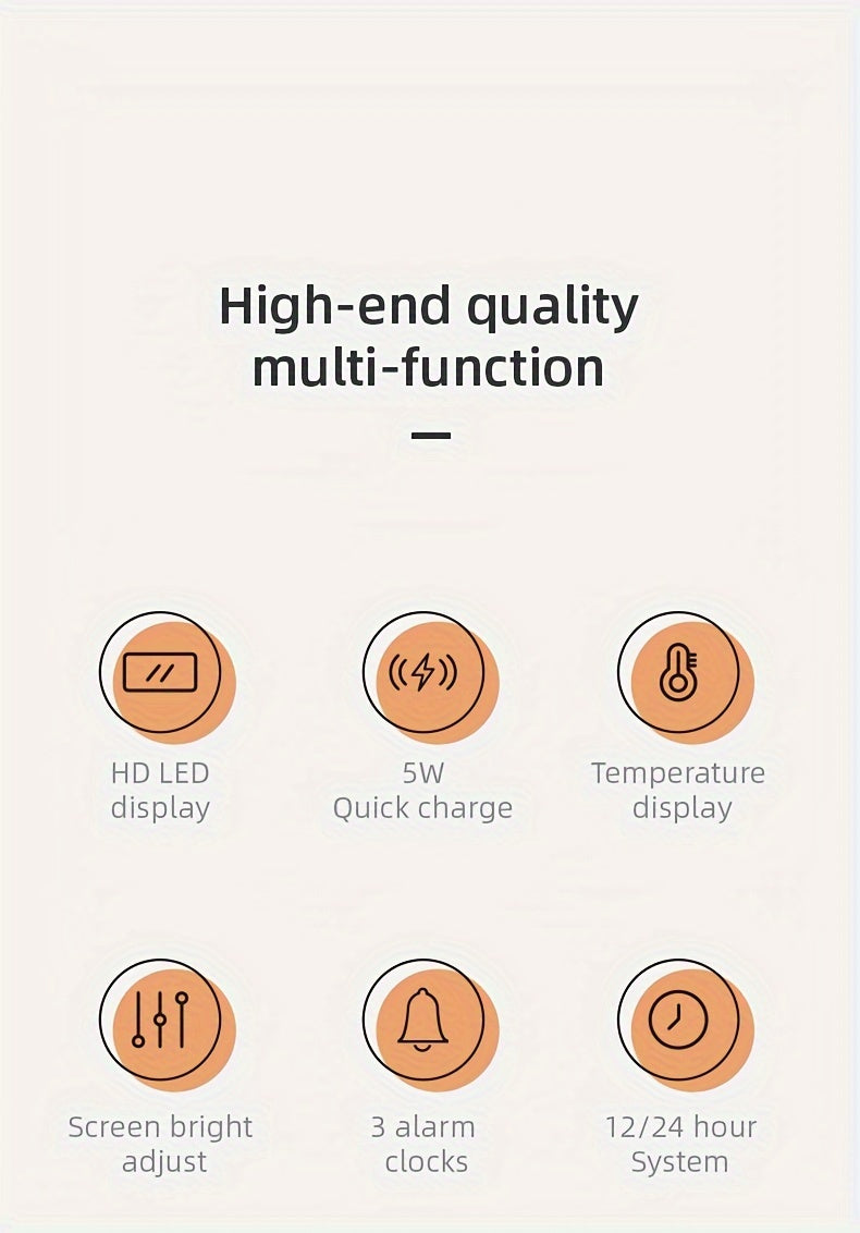 Wireless Charger Time Alarm Clock LED Digital Thermometer Earphone Phone Chargers Fast Charging Dock Station For IPhone 15, 14, 13, 12, Samsung - KHOY