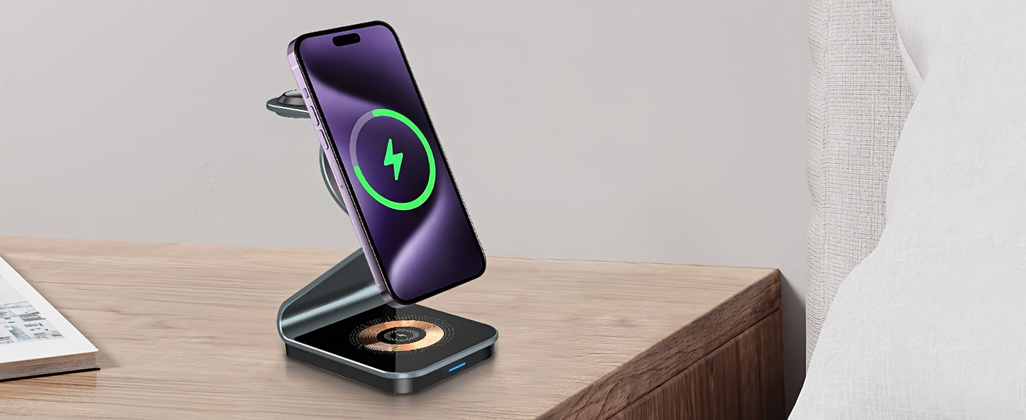 3 In 1 Magnetic Wireless Charger, 15W Fast Charging Station, Suitable For iPhone 15/14/13/12/Pro/Max/Mini/Plus, For iWatch Ultra/Ultra2/9/8/7/6/5/4/3/2/1/SE, For AirPods 3/2/Pro/Pro2 - KHOY