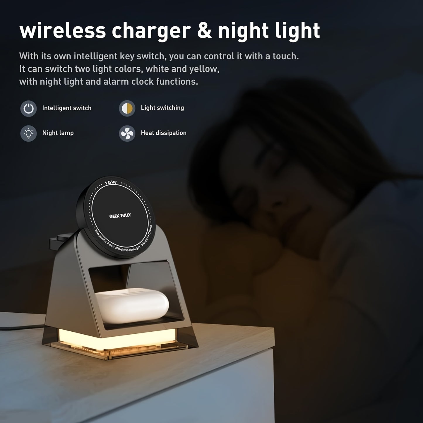 High-quality three-in-one magnetic wireless charger, 15W for mobile phone charging, 5W for smart watch, 5W for wireless headset charging, with LED touch night light - KHOY