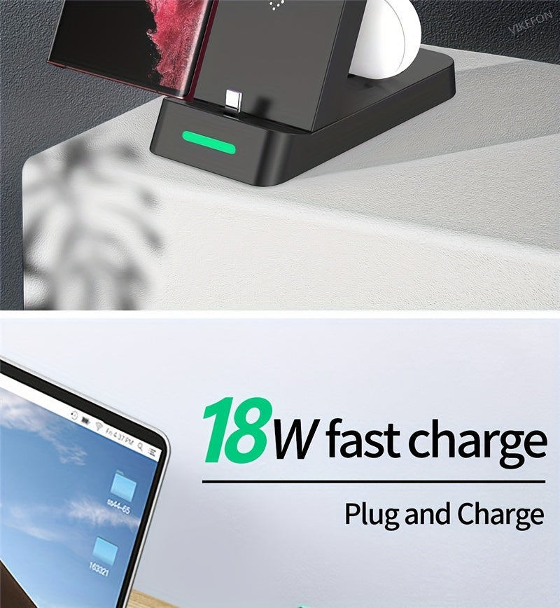 3-in-1 Wireless Charging Stand for Samsung S22/S21, Galaxy Watch Fast Charger Dock, 13.49x12.4x6.78 cm, Case-Friendly Station with LED Indicator - KHOY