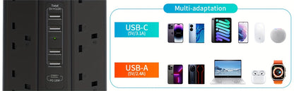 1pc Tower Extension Lead With USB Slots 1.8M And 18W USB C Fast Charger, (13A 3250W) 5 USB Ports And 12 Way Extension Tower, Surge Protection Extension Lead With Switch, Extension Cable For Home, Office - KHOY