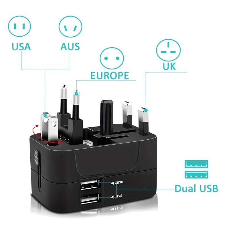 1pc Travel Charger with Dual USB Charging Ports, 2 USB Charger, World All In One Universal Travel Charger, Wall Charger AC Power Plug Adapter, USA EU UK AUS Converter Adapter, USB Charger, Travel Adapter - KHOY