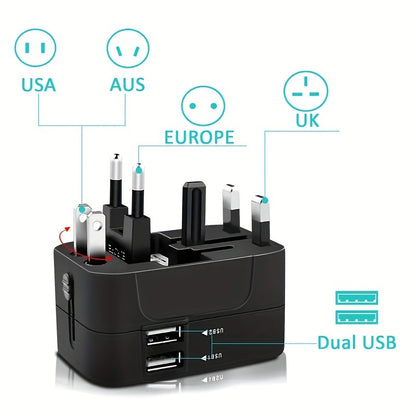 1pc Travel Charger with Dual USB Charging Ports, 2 USB Charger, World All In One Universal Travel Charger, Wall Charger AC Power Plug Adapter, USA EU UK AUS Converter Adapter, USB Charger, Travel Adapter - KHOY