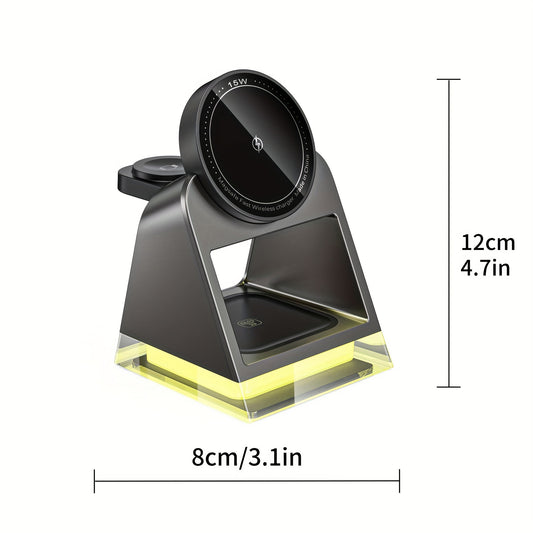 High-quality three-in-one magnetic wireless charger, 15W for mobile phone charging, 5W for smart watch, 5W for wireless headset charging, with LED touch night light - KHOY