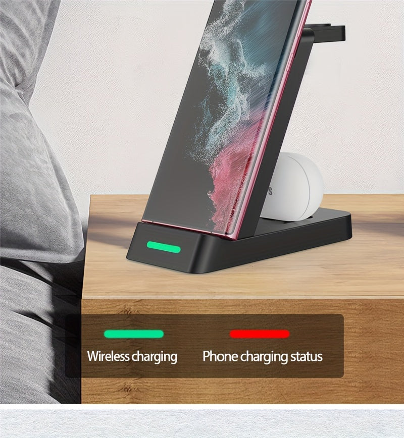 3-in-1 Wireless Charging Stand for Samsung S22/S21, Galaxy Watch Fast Charger Dock, 13.49x12.4x6.78 cm, Case-Friendly Station with LED Indicator - KHOY