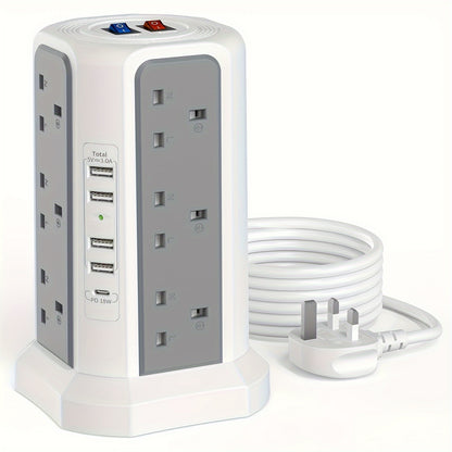 1pc Tower Extension Lead With USB Slots 1.8M And 18W USB C Fast Charger, (13A 3250W) 5 USB Ports And 12 Way Extension Tower, Surge Protection Extension Lead With Switch, Extension Cable For Home, Office - KHOY