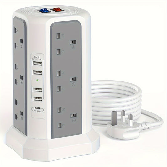1pc Tower Extension Lead With USB Slots 1.8M And 18W USB C Fast Charger, (13A 3250W) 5 USB Ports And 12 Way Extension Tower, Surge Protection Extension Lead With Switch, Extension Cable For Home, Office - KHOY