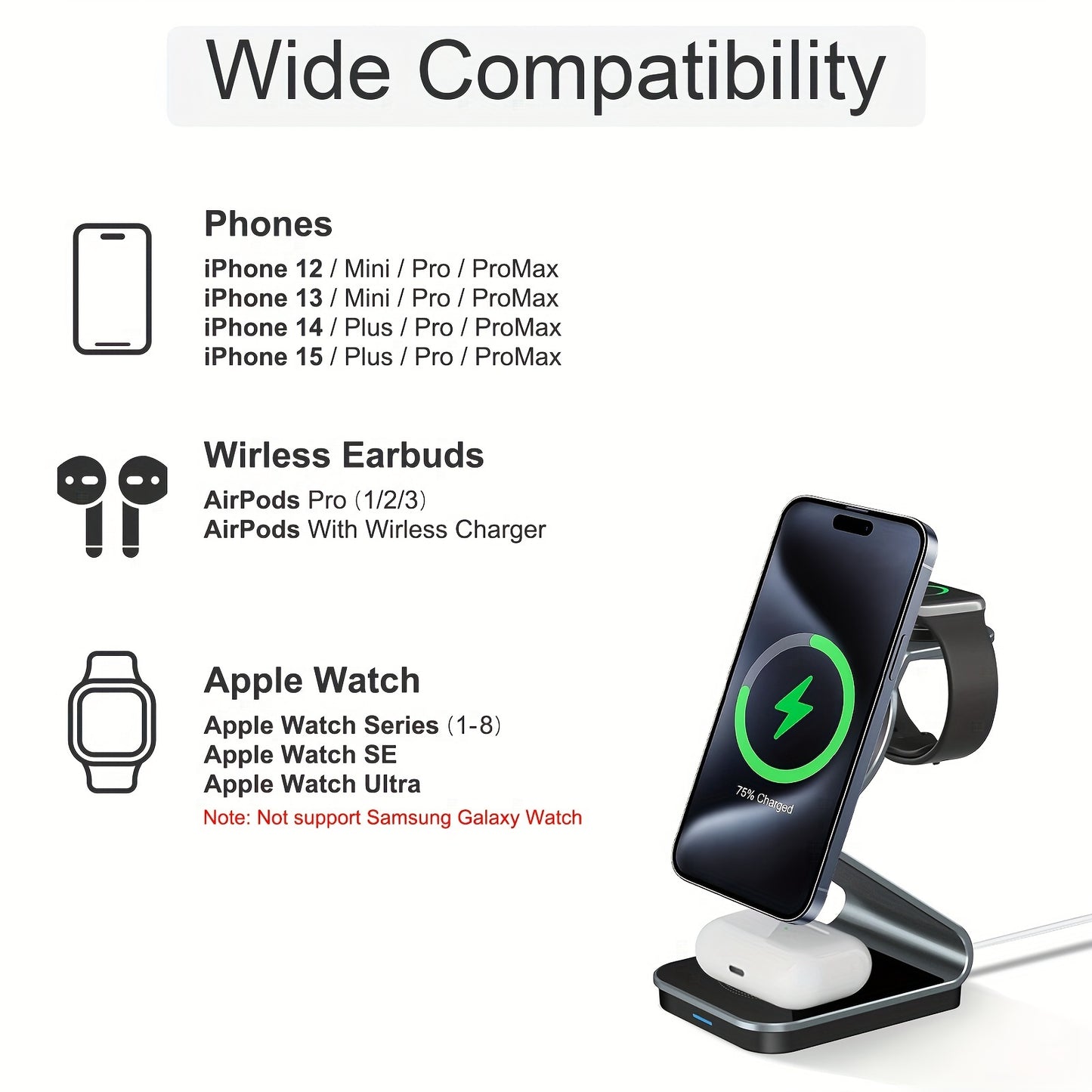 3 In 1 Magnetic Wireless Charger, 15W Fast Charging Station, Suitable For iPhone 15/14/13/12/Pro/Max/Mini/Plus, For iWatch Ultra/Ultra2/9/8/7/6/5/4/3/2/1/SE, For AirPods 3/2/Pro/Pro2 - KHOY