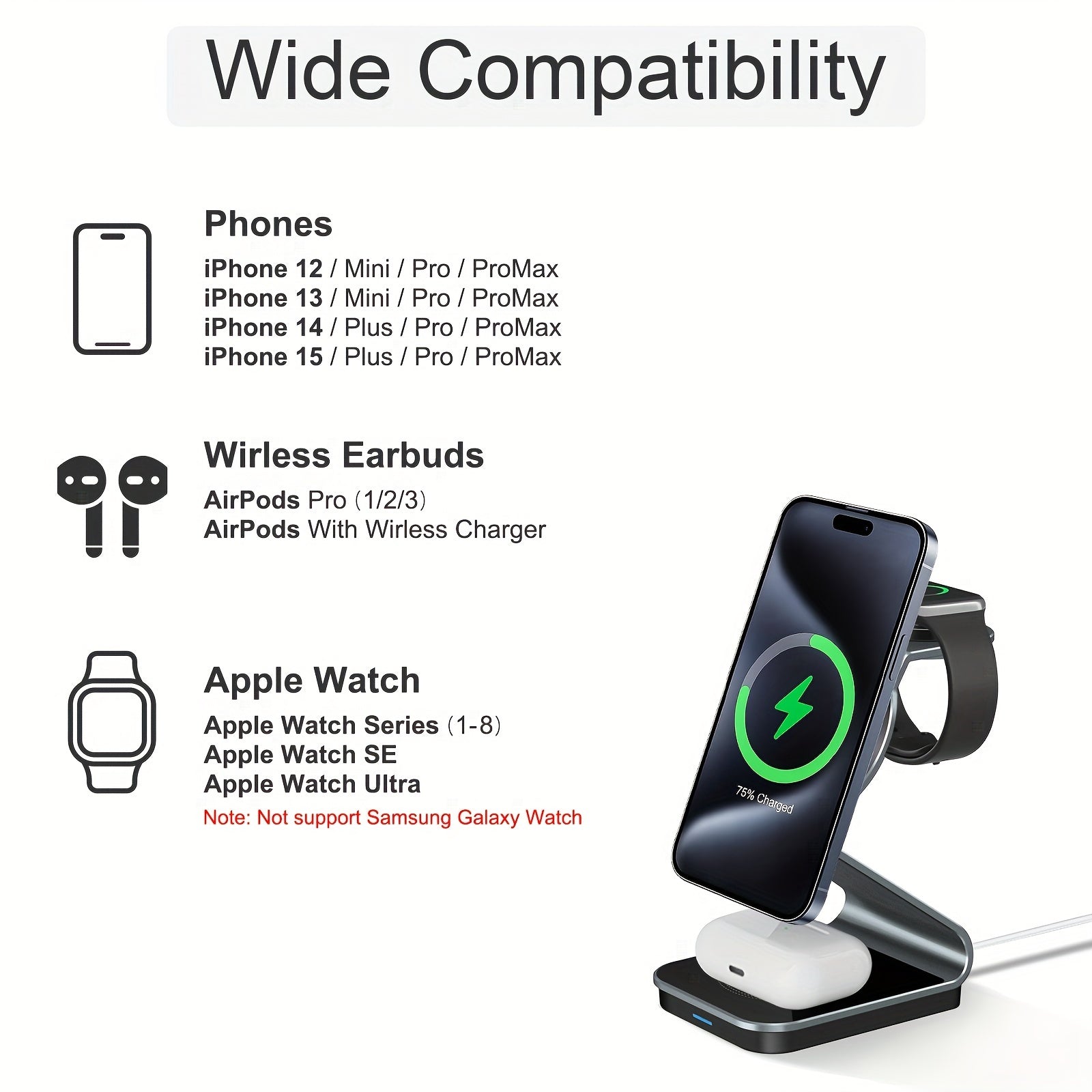 3 In 1 Magnetic Wireless Charger, 15W Fast Charging Station, Suitable For iPhone 15/14/13/12/Pro/Max/Mini/Plus, For iWatch Ultra/Ultra2/9/8/7/6/5/4/3/2/1/SE, For AirPods 3/2/Pro/Pro2 - KHOY