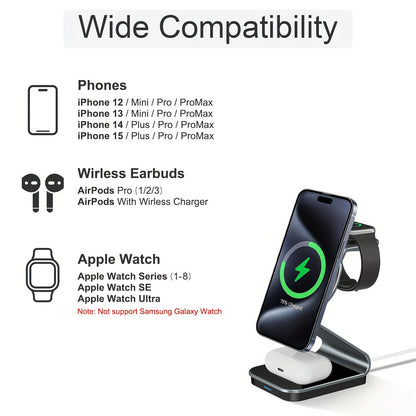 3 In 1 Magnetic Wireless Charger, 15W Fast Charging Station, Suitable For iPhone 15/14/13/12/Pro/Max/Mini/Plus, For iWatch Ultra/Ultra2/9/8/7/6/5/4/3/2/1/SE, For AirPods 3/2/Pro/Pro2 - KHOY