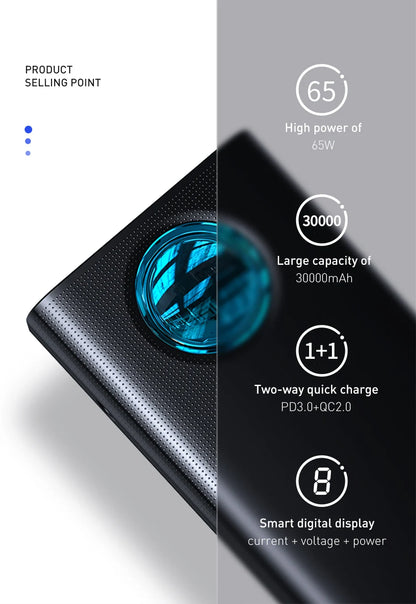 Baseus Power Bank 30000mAh 65W PD3.0 Quick Charging 3.0 FCP SCP Portable External for iPhone 16 15 14 Laptop Tablet Power bank - KHOY
