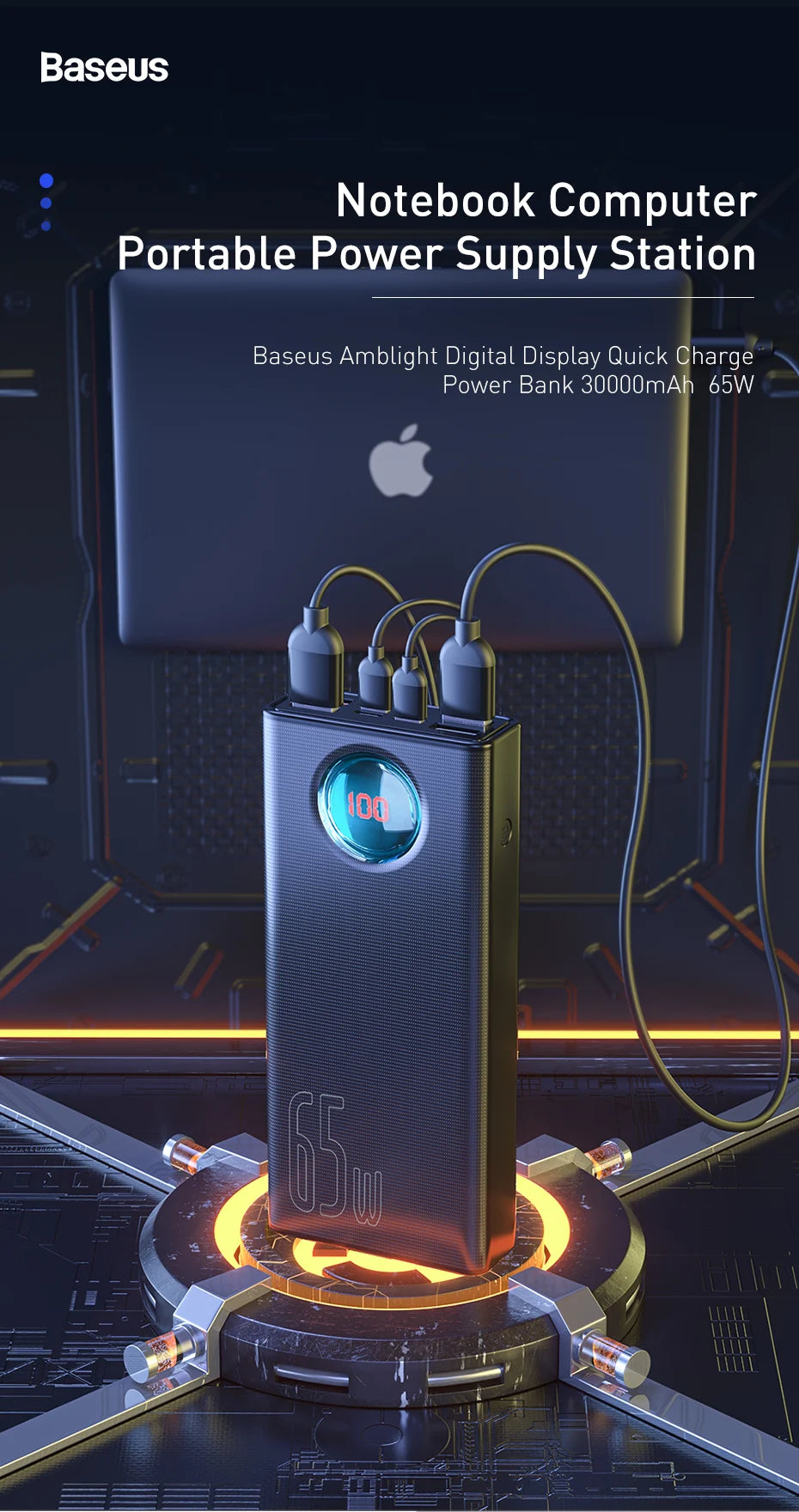Baseus Power Bank 30000mAh 65W PD3.0 Quick Charging 3.0 FCP SCP Portable External for iPhone 16 15 14 Laptop Tablet Power bank - KHOY