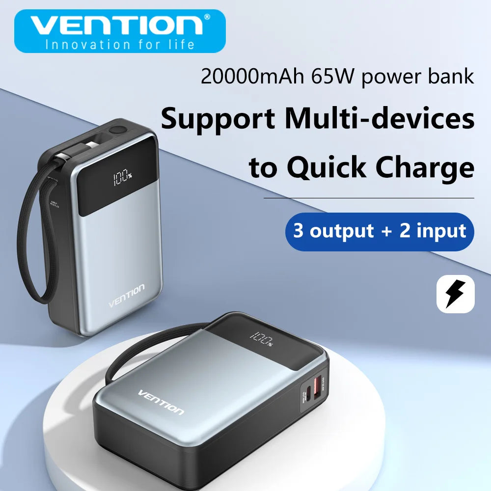 Vention Power Bank 20000mAh 65W PD Fast Charger with Built-in Type-C Cable External Spare Battery Portable Power Bank for Laptop - KHOY