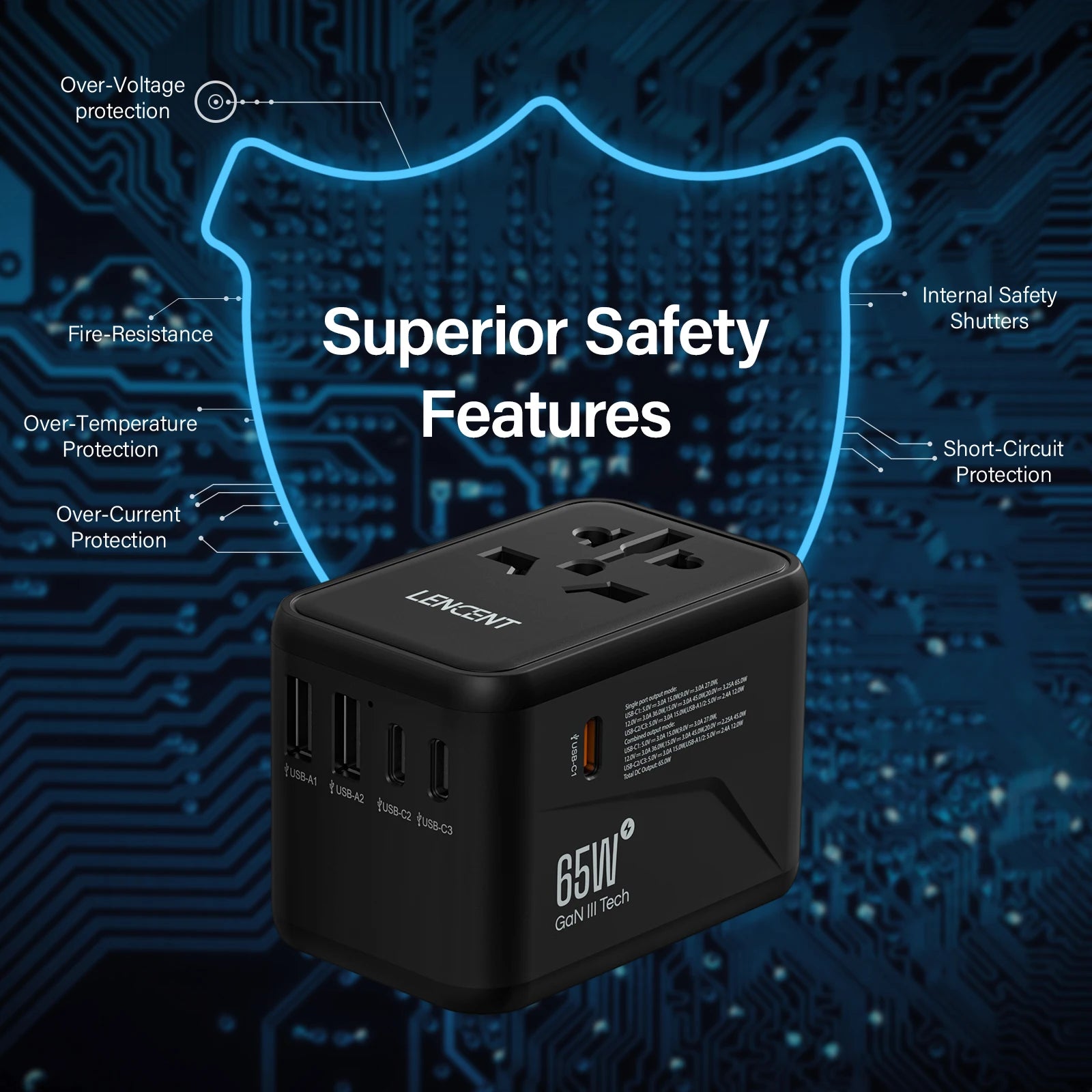 LENCENT 65W/100W GaN International Travel Adapter with 2USB 3 Type C GaN Fast Charging Adapter with EU AU US UK Plug for Travel - KHOY