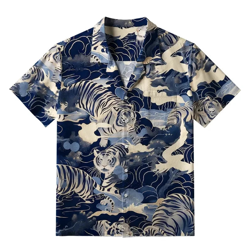 Hawaiian Shirt Man Holiday Casual Loose Beach Fashion Tiger Printed Shirt Hawaii Funny Oversized Breathable Buttons Clothes Tops - KHOY