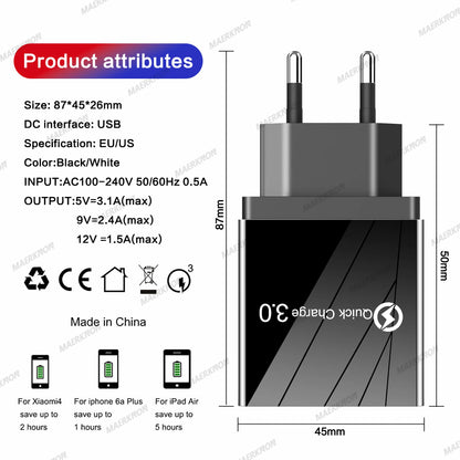 3A USB Charger 4 Ports USB Quick Charge 3.0 EU US Plug For iPhone Samsung Xiaomi Poco Fast Charging Mobile Phone Charger Adapter - KHOY