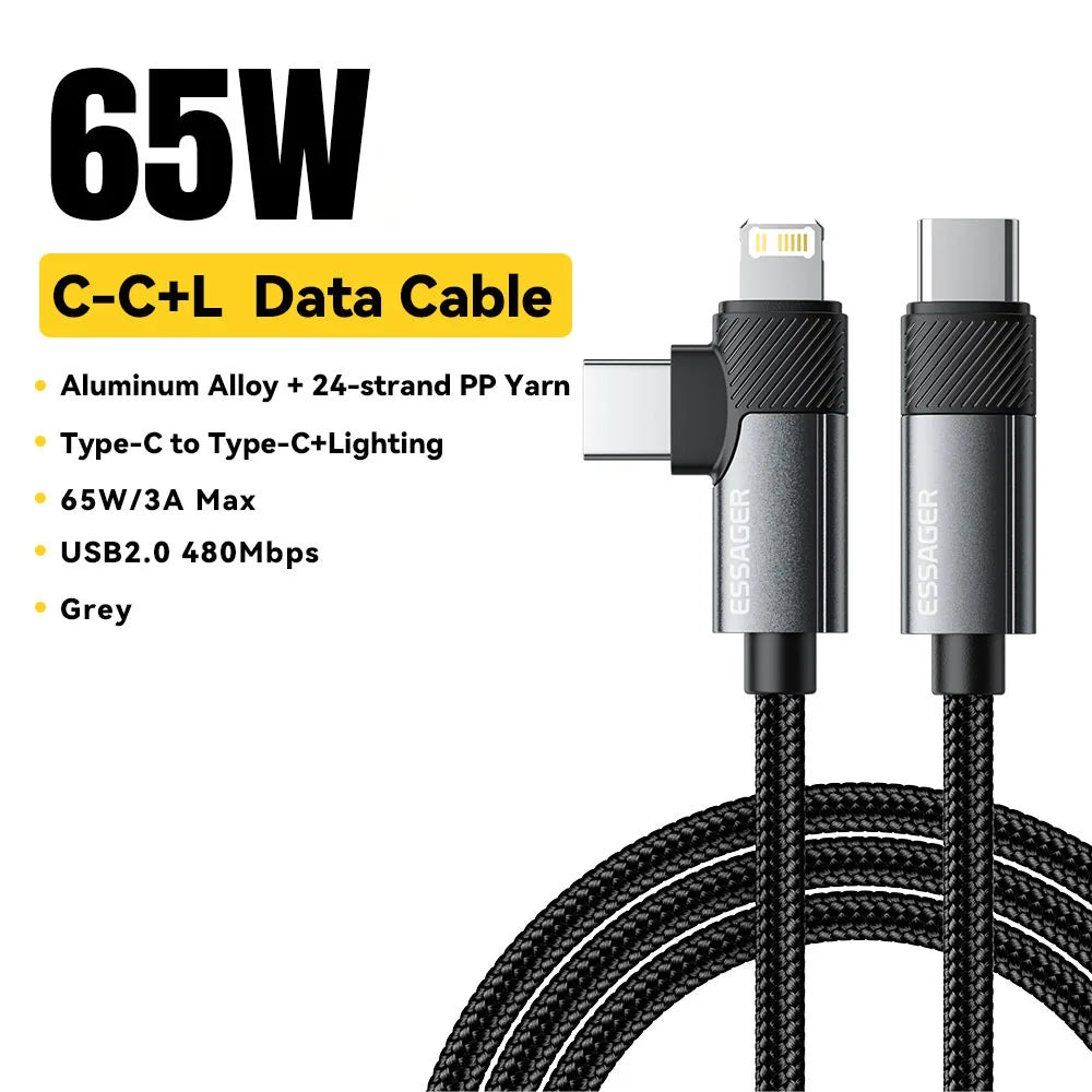 Essager 2-in-1 Right Angle Cable PD 65W 29W Fast Charging Elbow Data Cable For iPhone 15 14 13 MacBook Lenovo Asus Dell iPad Pro - KHOY