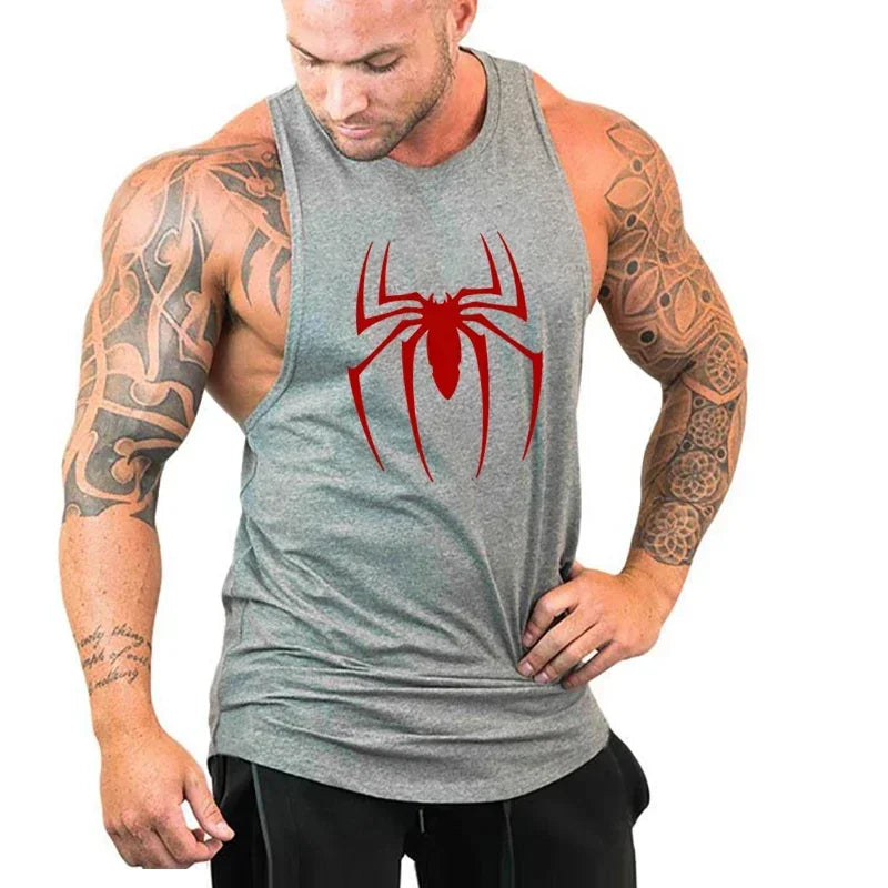Red Spider Printed Running Tank Tops Gym Fitness Cotton Breathable Sleeveless T-Shirt Mens Bodybuilding Loose Training Clothing - KHOY