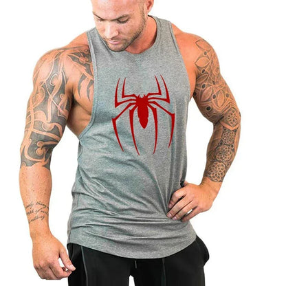Red Spider Printed Running Tank Tops Gym Fitness Cotton Breathable Sleeveless T-Shirt Mens Bodybuilding Loose Training Clothing - KHOY