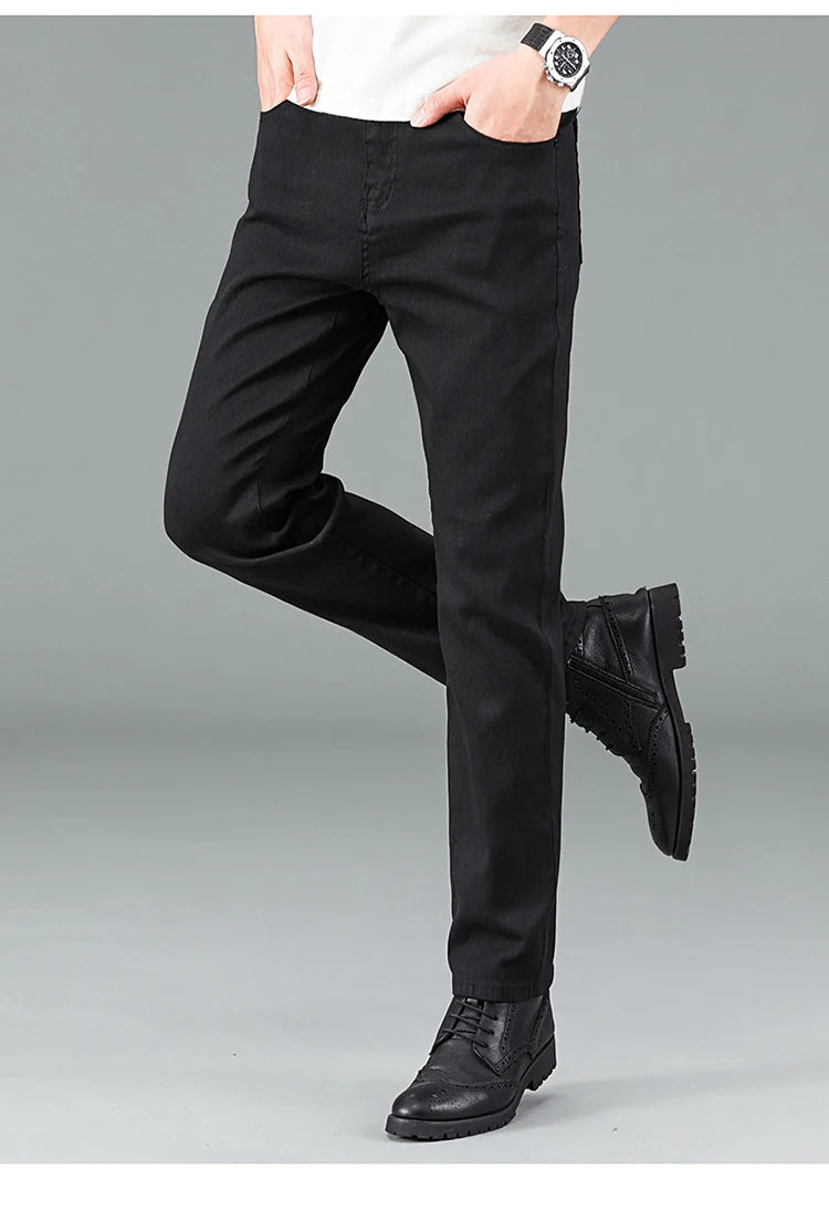 Men's pure black jeans Korean version trendy straight fit pants men's comfortable and elastic classic business jeans - KHOY
