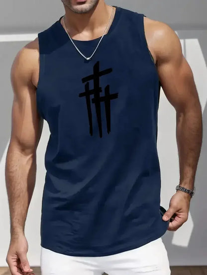 Summer Simple Letter Print Men's Round Neck Tank Top Gym Fitness Training Sports Vest Plus Size Man Sleeveless Shirt Casual Tees - KHOY