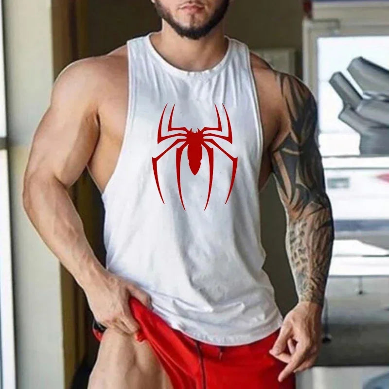 Red Spider Printed Running Tank Tops Gym Fitness Cotton Breathable Sleeveless T-Shirt Mens Bodybuilding Loose Training Clothing - KHOY