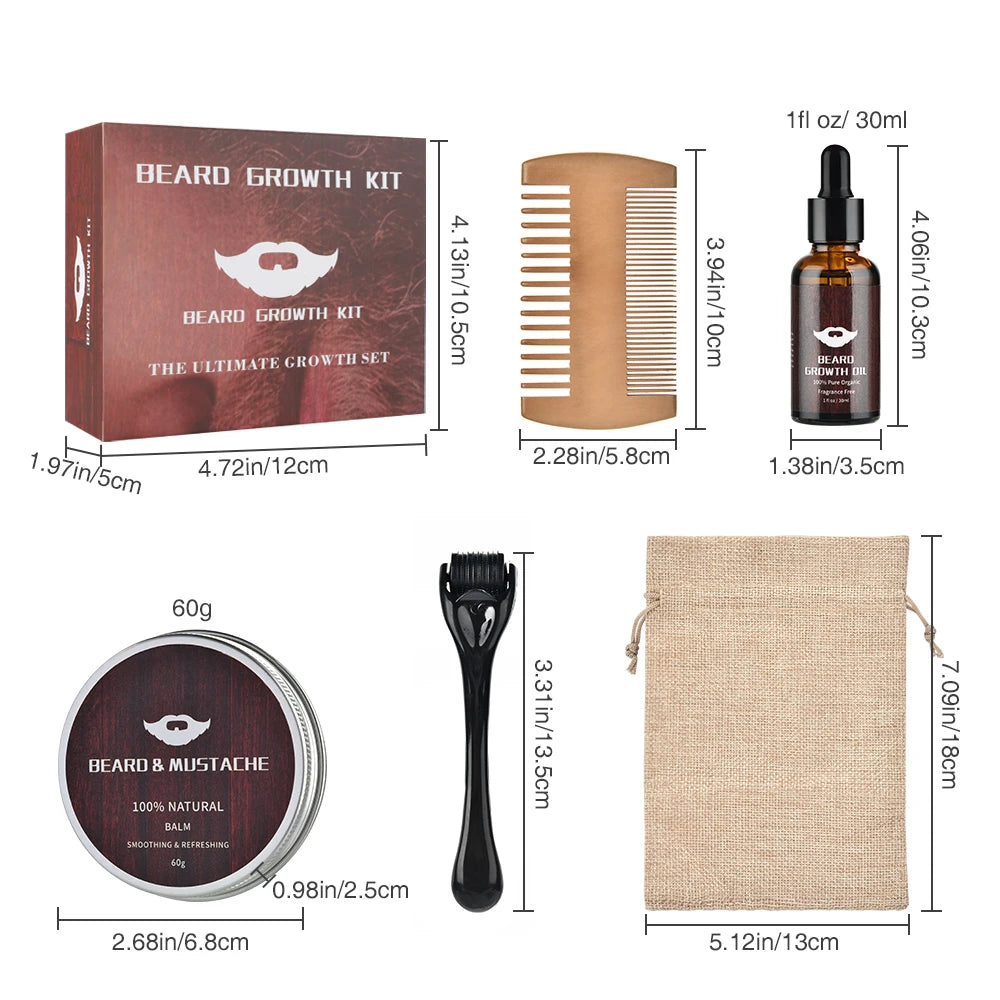 Beard Growth Kit For Men Barbe Hair Enhancerbeard Essential Oil Moisturizing Wax Growth Roller Comb Styling Scissors Beard Care - KHOY
