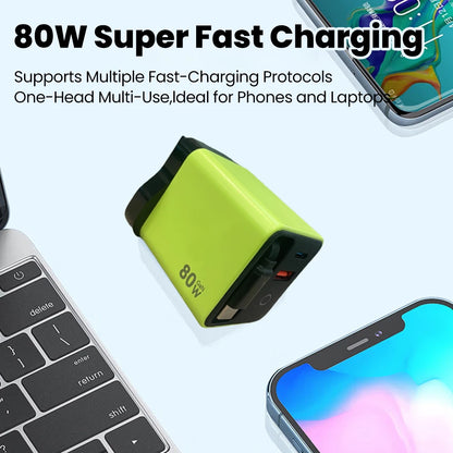 80W Super Fast Charge Type C USB Phone Charger With Telescopic USB C Cable For Iphone 16 15 Samsung Laptop With Light - KHOY