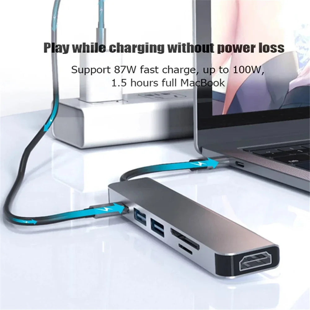 USB C HUB 4K 30Hz Type C to HDMI-compatible PD 100W USB 3.0 HUB Splitter Card Reader Multi with TF SD Port for Macbook Computer - KHOY