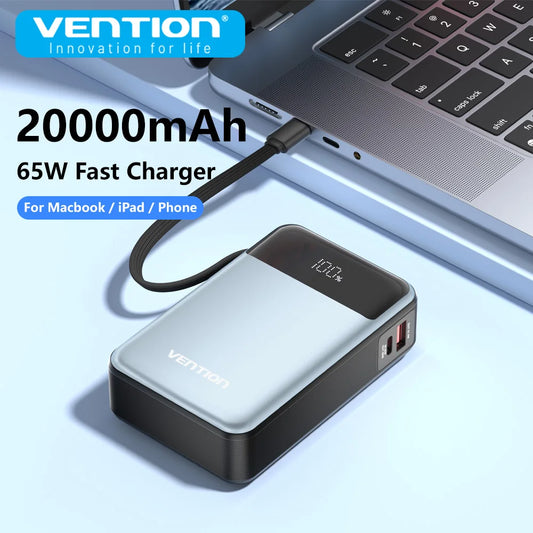 Vention Power Bank 20000mAh 65W PD Fast Charger with Built-in Type-C Cable External Spare Battery Portable Power Bank for Laptop - KHOY