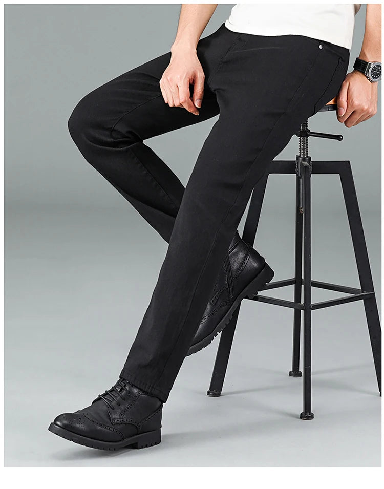 Men's pure black jeans Korean version trendy straight fit pants men's comfortable and elastic classic business jeans - KHOY