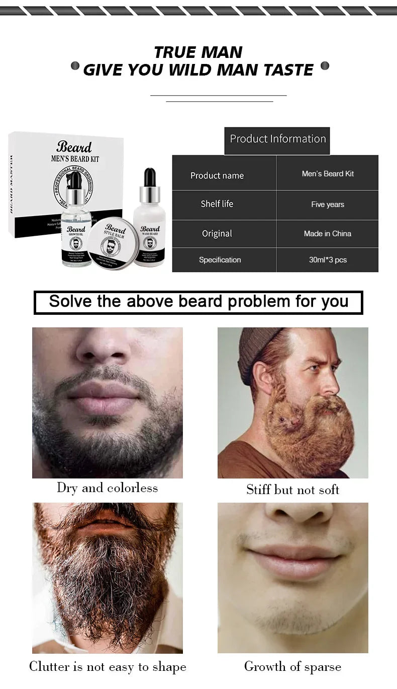 Men's Beard Kit Soft smooth And Easy To Take Care Of Natural Oils Brighten And Nourish Promote Growth Relieve Itching Of Beard - KHOY