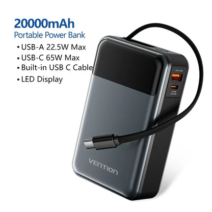 Vention Power Bank 20000mAh 65W PD Fast Charger with Built-in Type-C Cable External Spare Battery Portable Power Bank for Laptop - KHOY