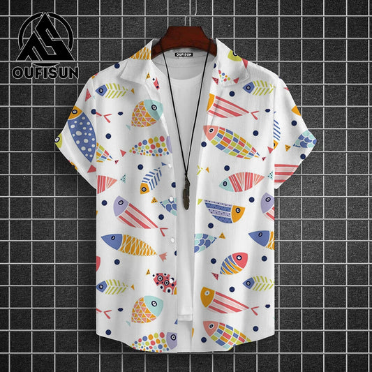Hawaiian Shirt For Men Beach Casual Men's Short Sleeved Shirts New Cute Fish 3d Print Men's Shirt Oversized Men's Clothing 5xl - KHOY