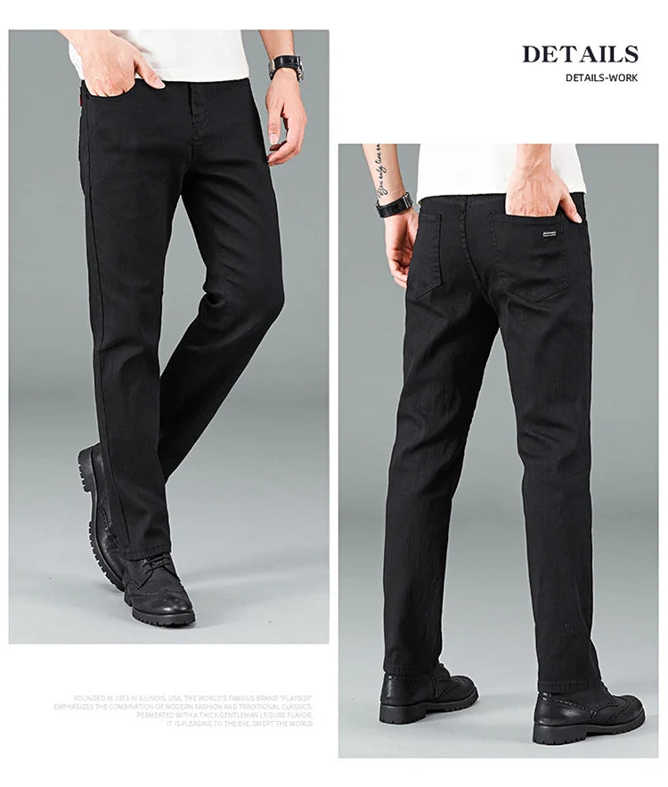 Men's pure black jeans Korean version trendy straight fit pants men's comfortable and elastic classic business jeans - KHOY