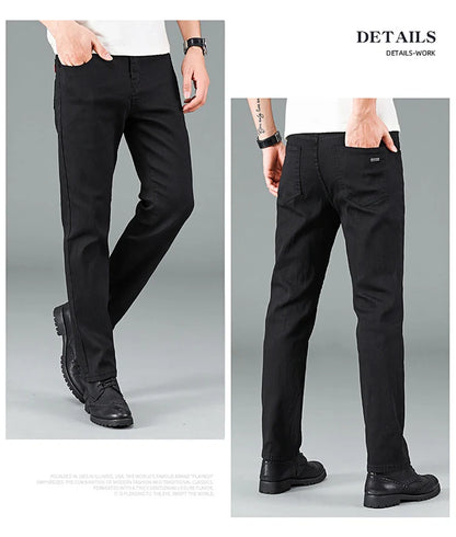Men's pure black jeans Korean version trendy straight fit pants men's comfortable and elastic classic business jeans - KHOY