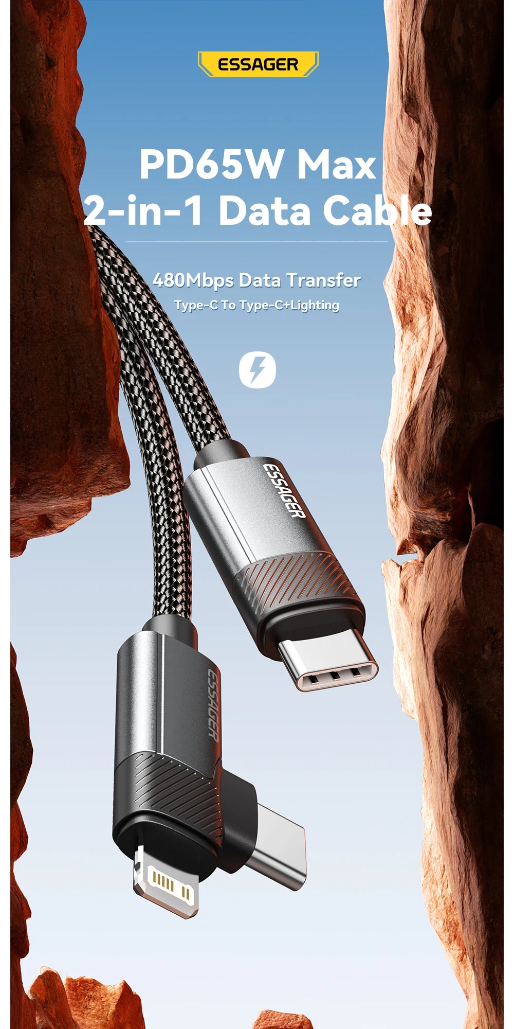 Essager 2-in-1 Right Angle Cable PD 65W 29W Fast Charging Elbow Data Cable For iPhone 15 14 13 MacBook Lenovo Asus Dell iPad Pro - KHOY