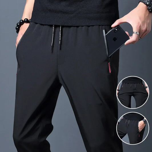 Men's Casual Pants Straight Slim Fit Elastic Waist Jogger Korean Classic Blue Black Gray Male Brand Trousers Plus Size - KHOY