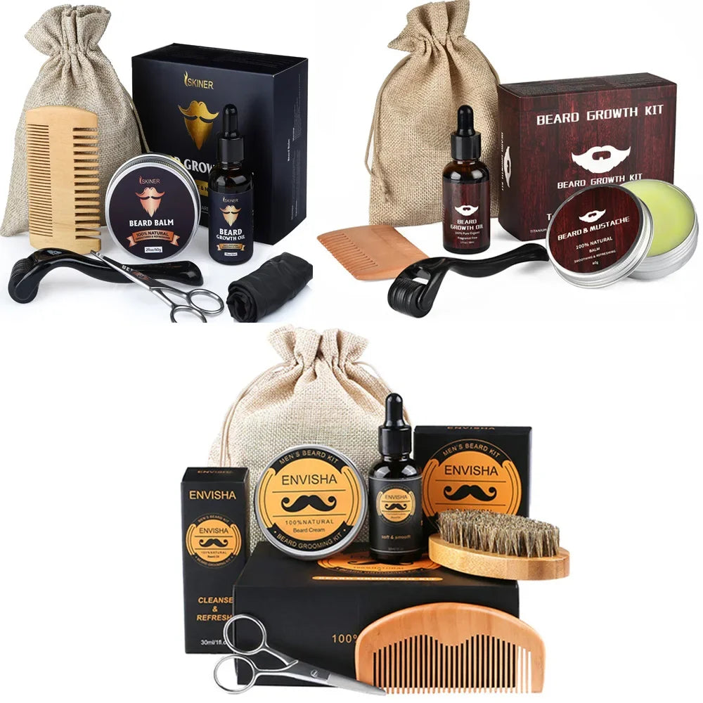 Beard Growth Kit For Men Barbe Hair Enhancerbeard Essential Oil Moisturizing Wax Growth Roller Comb Styling Scissors Beard Care - KHOY