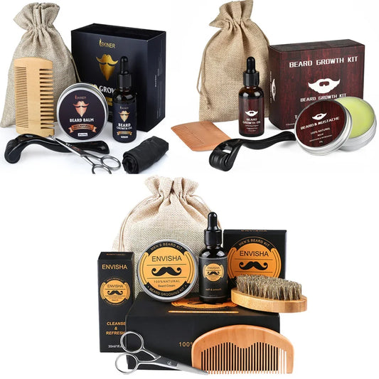 Beard Growth Kit For Men Barbe Hair Enhancerbeard Essential Oil Moisturizing Wax Growth Roller Comb Styling Scissors Beard Care - KHOY