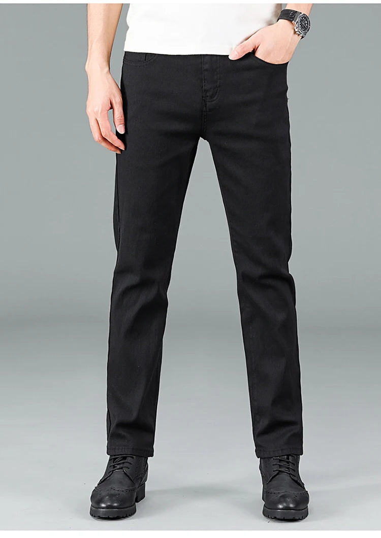 Men's pure black jeans Korean version trendy straight fit pants men's comfortable and elastic classic business jeans - KHOY