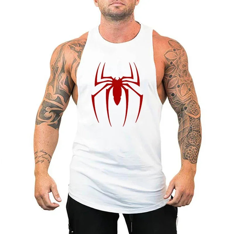 Red Spider Printed Running Tank Tops Gym Fitness Cotton Breathable Sleeveless T-Shirt Mens Bodybuilding Loose Training Clothing - KHOY